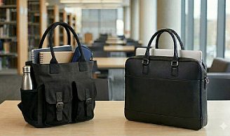 通学用の黒いバッグと就活用の黒いバッグが机に並んでいる様子