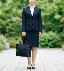 就職活動中のスーツ姿の女性。黒いトートバッグを持っている様子